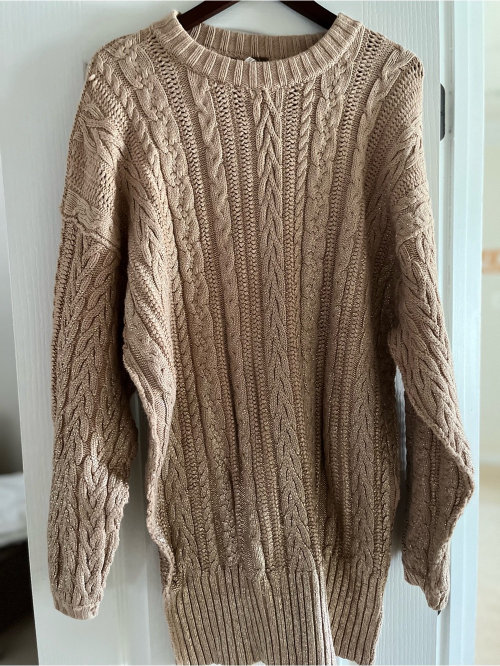 Free People Women’s Cable Crewneck Sweater in Taupe and Gold